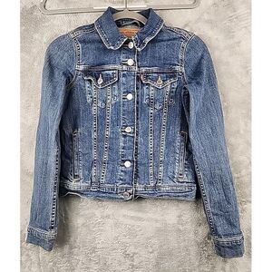 Levis Jean Demin Jacket Women XS Blue Button‎ Up Trucker Classic Logo Red Tab